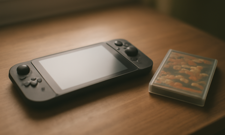 Konsol genggam dan kartu game Jepang di atas meja kayu untuk mengecek region akun