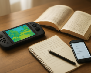 Konsol genggam di meja kayu bersama kamus Jepang dan buku catatan untuk membaca teks game