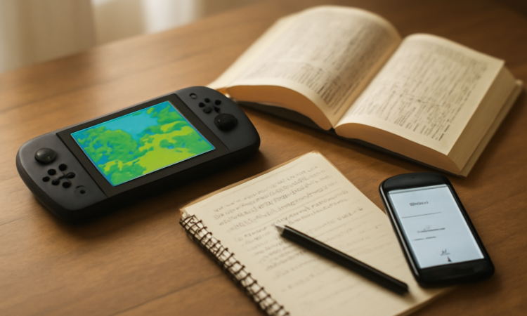 Konsol genggam di meja kayu bersama kamus Jepang dan buku catatan untuk membaca teks game