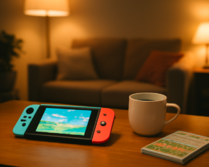 Nintendo Switch di atas meja kayu dengan cangkir teh dan kotak game Jepang, suasana ruang tamu yang nyaman