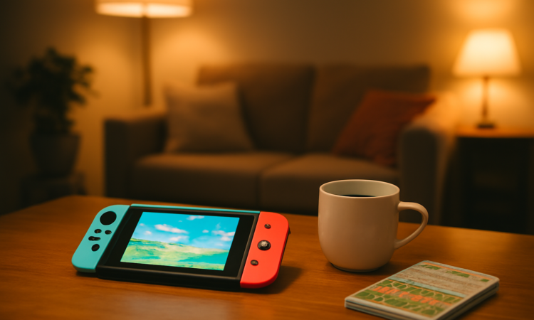 Nintendo Switch di atas meja kayu dengan cangkir teh dan kotak game Jepang, suasana ruang tamu yang nyaman