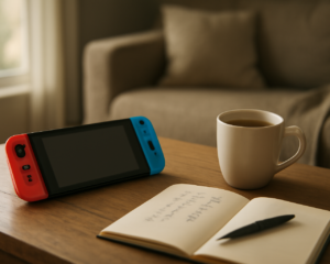 Nintendo Switch di atas meja kayu dengan catatan tulisan Jepang dan secangkir teh, suasana santai untuk bermain game Jepang