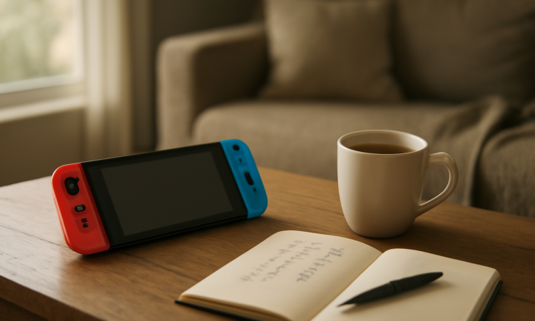 Nintendo Switch di atas meja kayu dengan catatan tulisan Jepang dan secangkir teh, suasana santai untuk bermain game Jepang