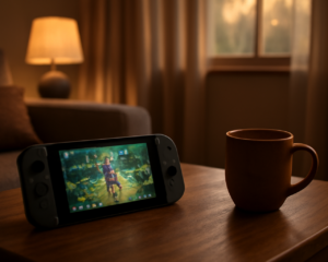 Nintendo Switch di atas meja kayu dengan layar menyala, suasana ruang tamu yang nyaman
