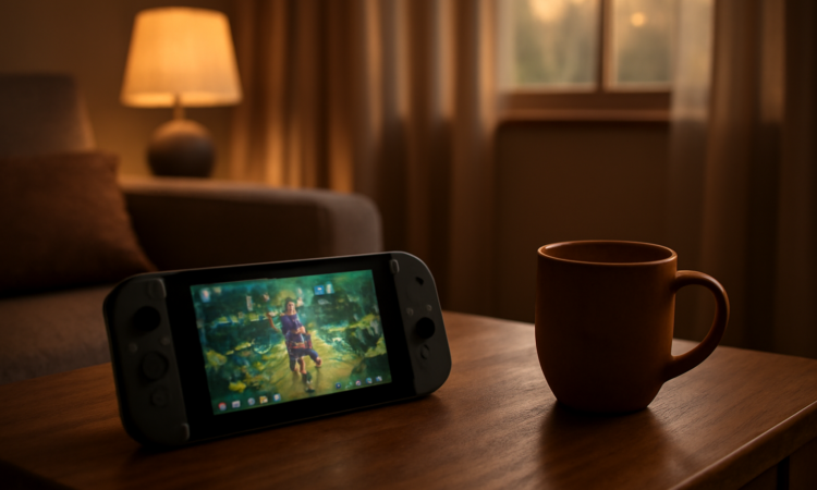 Nintendo Switch di atas meja kayu dengan layar menyala, suasana ruang tamu yang nyaman