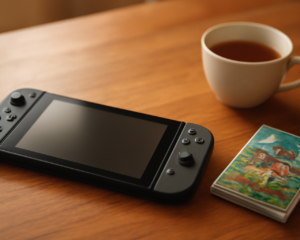 Konsol Nintendo Switch dengan casing game Jepang di atas meja kayu