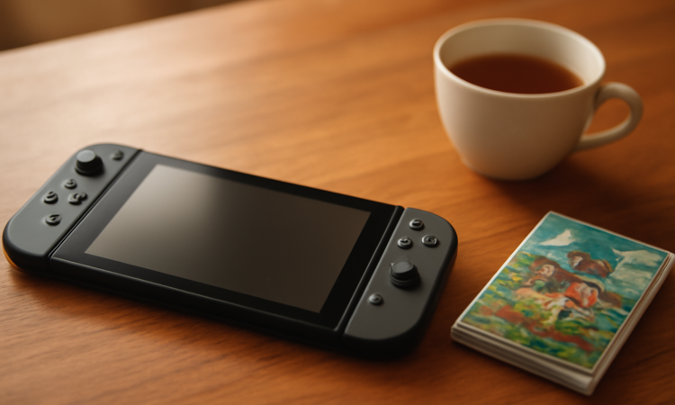 Konsol Nintendo Switch dengan casing game Jepang di atas meja kayu