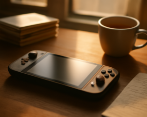 Konsol genggam dan tumpukan kotak game di meja kayu untuk membandingkan pilihan game Jepang