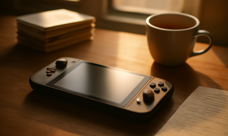 Konsol genggam dan tumpukan kotak game di meja kayu untuk membandingkan pilihan game Jepang
