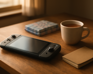 Konsol genggam di atas meja kayu dengan cangkir teh dan buku catatan, suasana santai untuk memilih game Jepang
