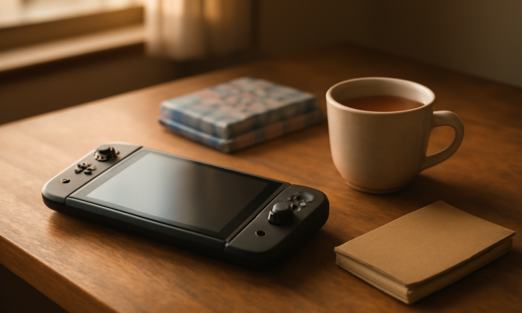 Konsol genggam di atas meja kayu dengan cangkir teh dan buku catatan, suasana santai untuk memilih game Jepang