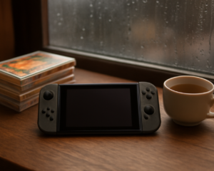 Konsol Nintendo Switch dan tumpukan kotak game Jepang di atas meja kayu