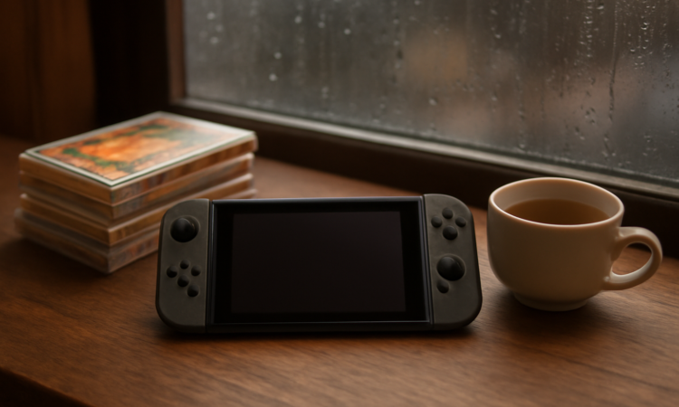 Konsol Nintendo Switch dan tumpukan kotak game Jepang di atas meja kayu